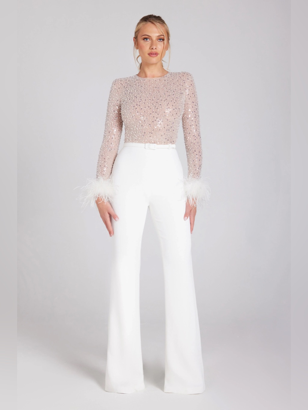 Nadine Merabi Amelia White Jumpsuit Beaded Wide Leg Jumpsuit With Feather Cuffs